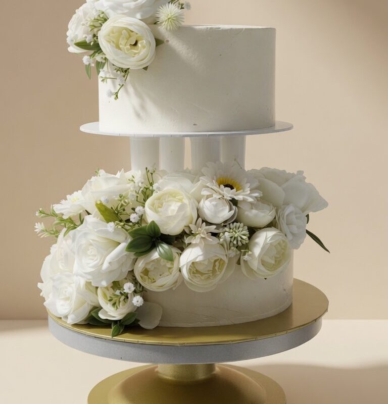 White Roses Flower Cake (with cake pole)